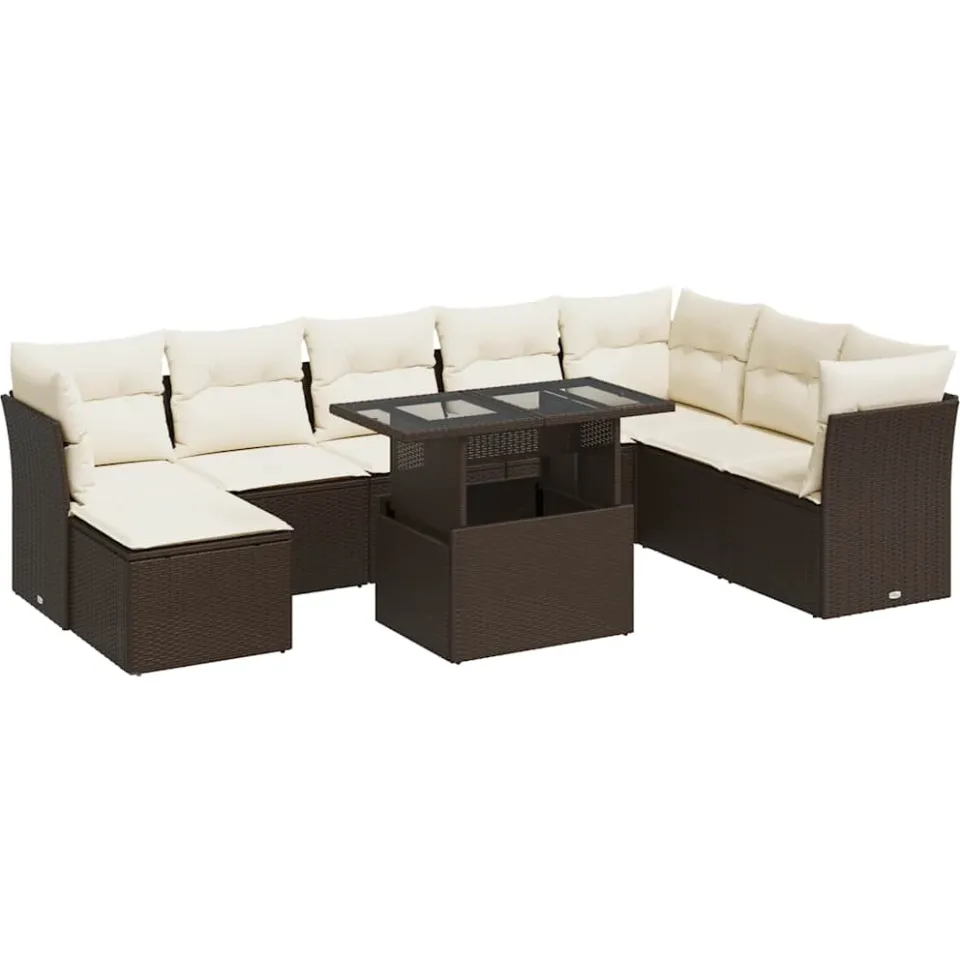 vidaXL 9-delige Loungeset met kussens poly rattan bruin