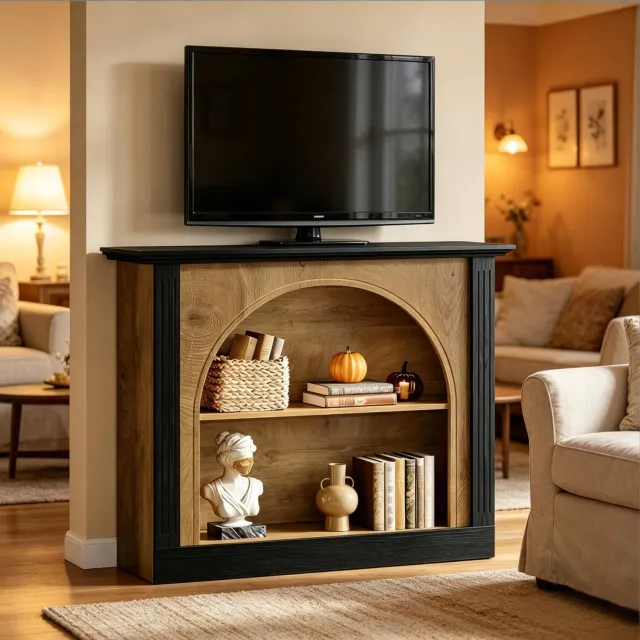 WUVRIE Sidetable 110x30x90 cm - 3 niveaus met halfopen opbergruimte - Zwart/rustiek
