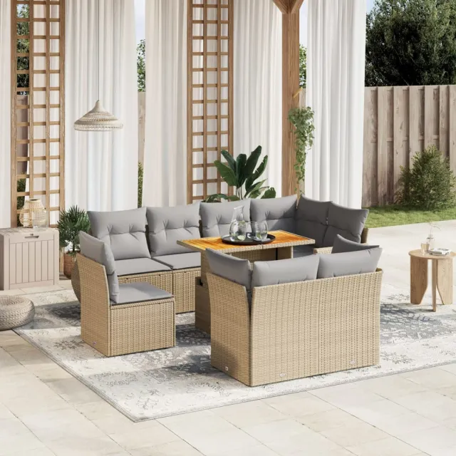 vidaXL 9-delige Loungeset met kussens poly rattan beige, foto 2
