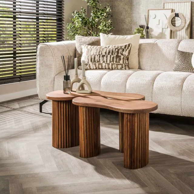 PS-Collection Fuse Set van 2 Salontafels - 80x45x42cm - Naturel - Acacia - salontafels rond, salontafels, salontafel zwart, salon tafel, salontafel rond, salontafel industrieel, salontafel vierkant, salontafel marmer, salontafel wit Bruin