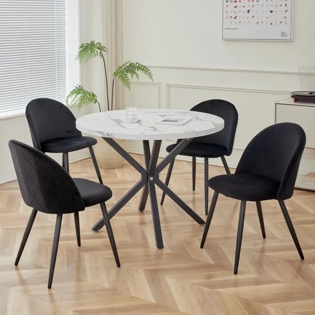 Cozy Cottage® Set van 4 Fluwelen Eetkamerstoelen - Gestoffeerde Stoelen voor Woonkamer en Keuken - Vintage Nordic Design met Zwart Metalen Poten - Comfortabele Rugleuning - Zwart