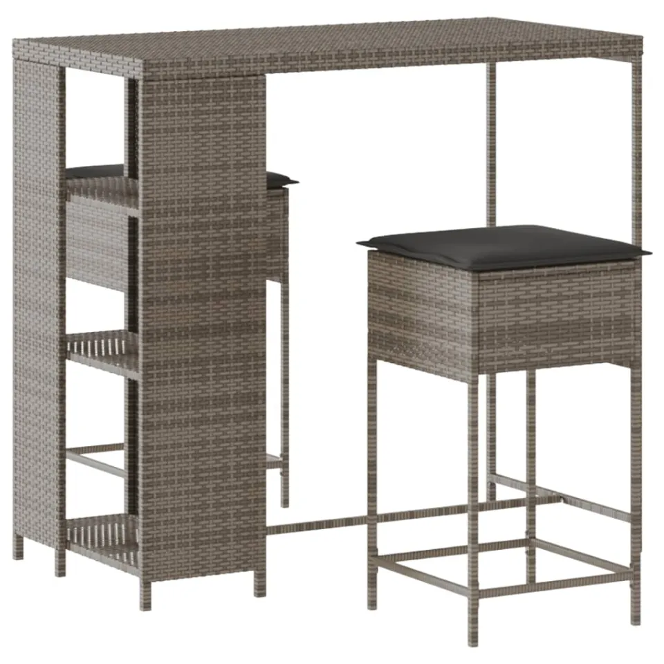vidaXL 3-delige Tuinbarset met kussens poly rattan grijs