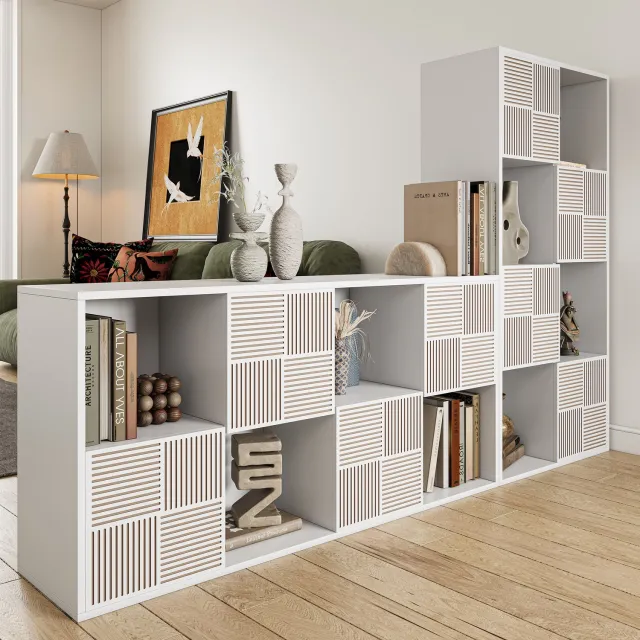 Yelenaro Boekenkast met 8 kubussen opbergunit, Houten opbergkast met geribbelde deuren, 4-laags boekenplank met 4 deuren voor woonkamer, slaapkamer, werkkamer, 90 x 30 x 90 cm, Wit