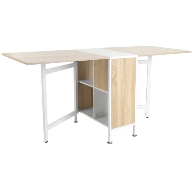 ZYLARO Eettafel - Klaptafel En Bijzettafel Met Opbergruimte - Eikenhout - Metalen Frame - 169 x 60 x 75 cm - Naturel En Wit natuurlijk+wit