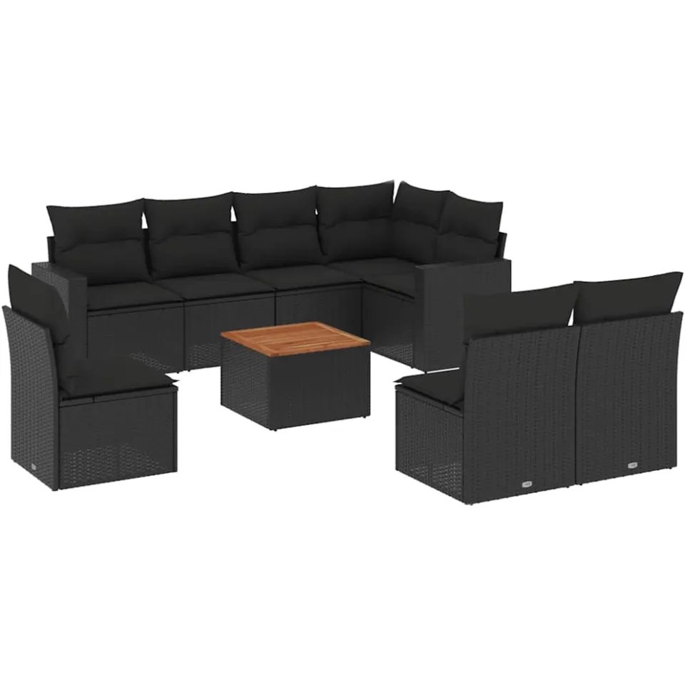 vidaXL 9-delige Loungeset met kussens poly rattan zwart, foto 3
