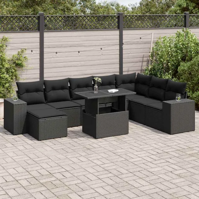 vidaXL 9-delige Loungeset met kussens poly rattan zwart, foto 2
