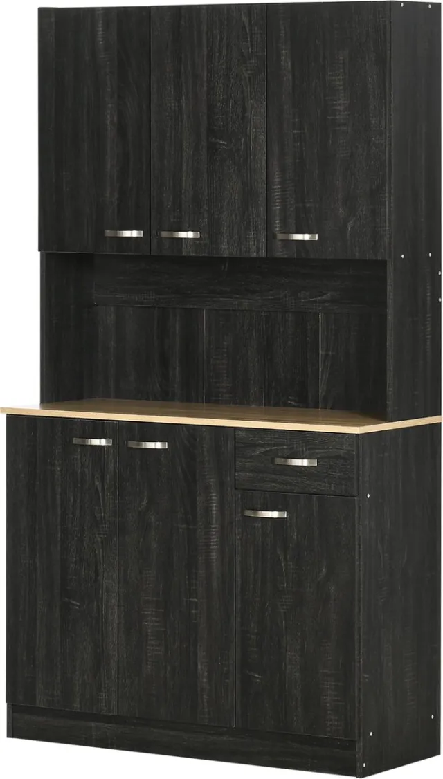 Hoohohoo Grote keukenkast met magnetronvak, modern en multifunctioneel, 6 deuren en 1 lade - ruimtebesparende keukenkast in zwart, veel opbergruimte, afmetingen: 101 x 180 x 39 cm (B x H x D)