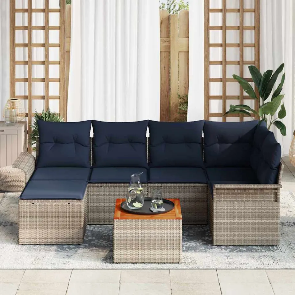 vidaXL Tuinbankenset 7 st Grijs en Marineblauw poly rattan, foto 3