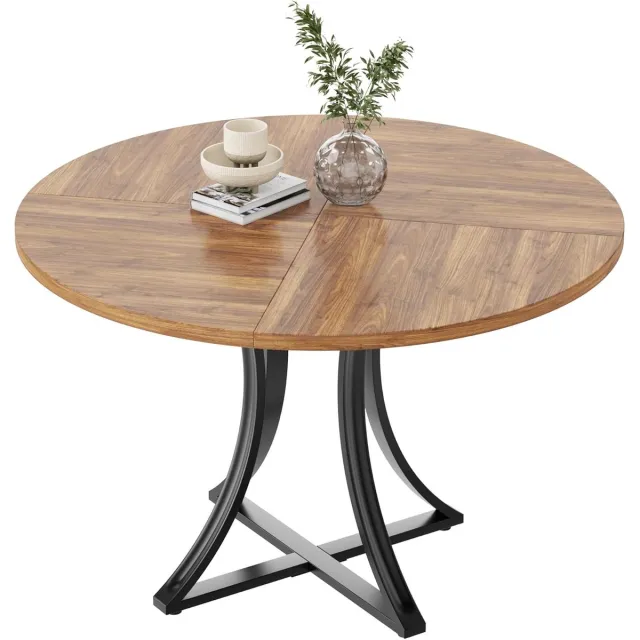 HOERFURIY Ronde Eettafel Ø 100 cm - Industrieel Design - Keukentafel voor 2 tot 4 Personen - Houtlook Tafelblad met Metalen Kruispoot - Bruin / Zwart