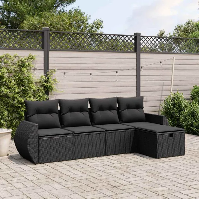vidaXL 5-delige Loungeset met kussens poly rattan zwart, foto 2