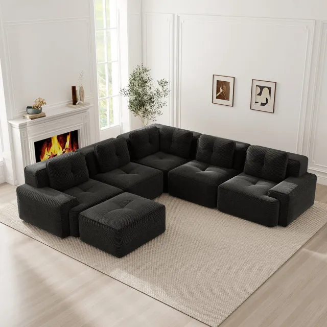REDOM U-bank - Modulair ontwerp met ottomane - Antislip onderzijde - Corduroy bekleding - Woonkamer - Zwart - 295 x 295 x 69 cm