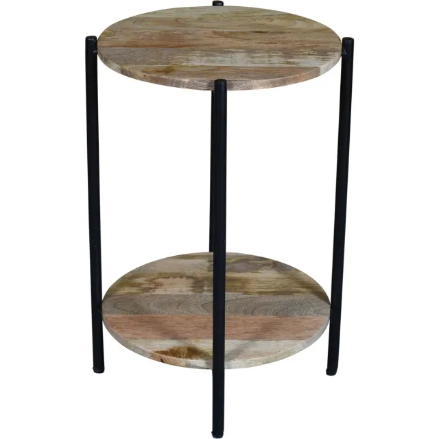 koloniaal teakhuis Bijzettafel-Mangohout-Industrieel-Rond-met onderplank-Koloniaal Teakhuis-H60cm -rond 43cm lichtbruin