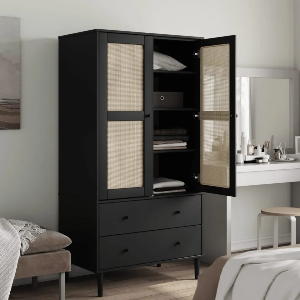 vidaXL Kledingkast SENJA 90x55x175 cm rattan look grenenhout zwart, foto 3