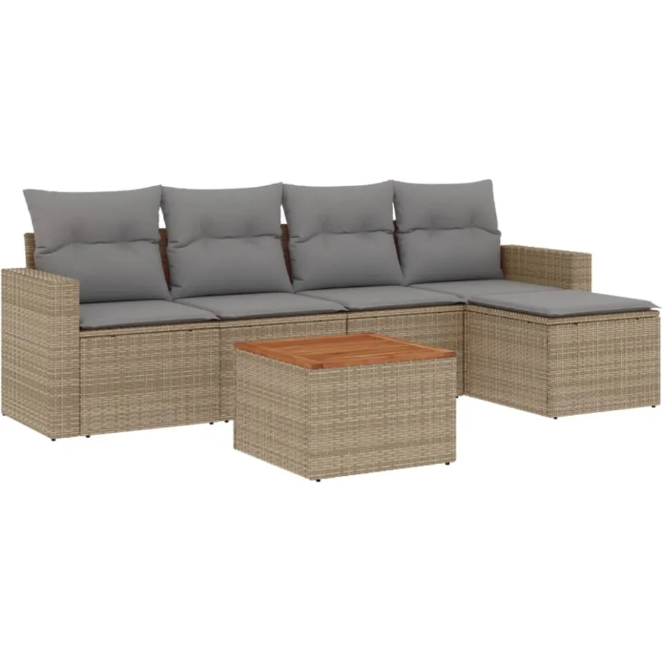 vidaXL 6-delige Loungeset met kussens poly rattan beige, foto 3