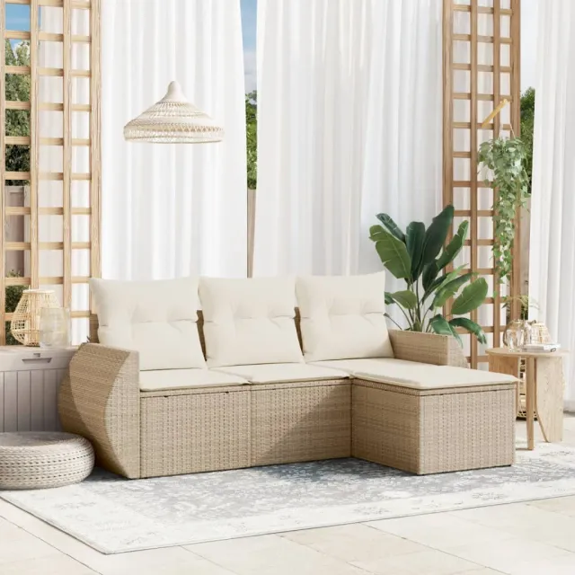 vidaXL 4-delige Loungeset met kussens poly rattan beige, foto 2