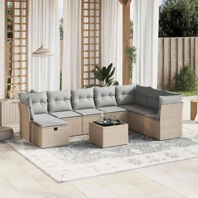 vidaXL 9-delige Loungeset met kussens poly rattan gemengd beige, foto 2