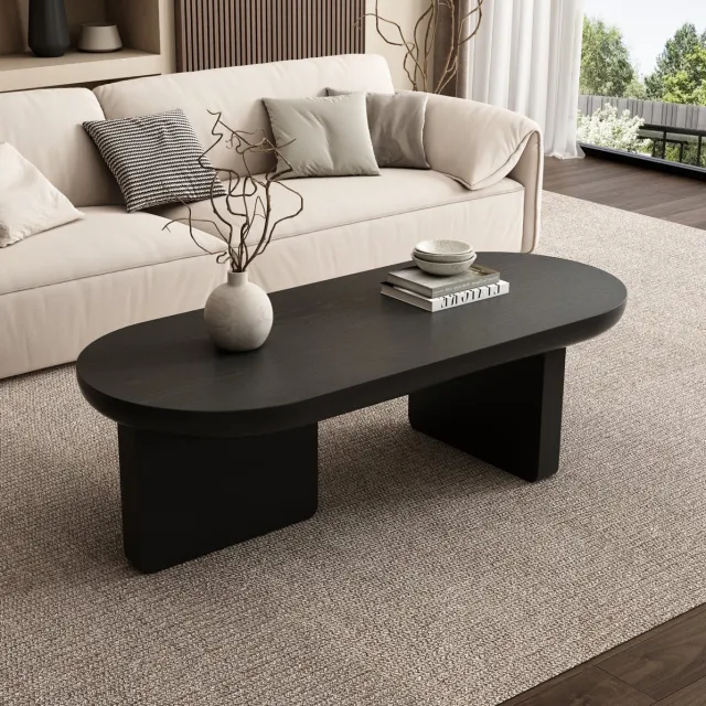 REDOM Salontafel - Ovaal tafelblad - Dubbele verticale pootconstructie - Gespoten MDF-afwerking - Modern minimalistisch - Woonkamer - Zwart - 119,7 x 49,8 x 35,5 cm