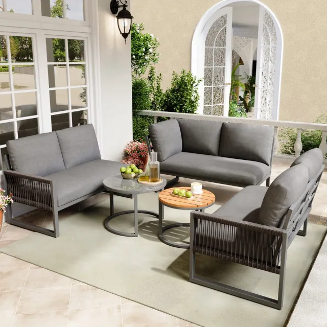 OKWISH Tuin Loungeset 6 7 Personen 4 Delig - Hoekbank Met 2 Tafels En Kussens - Verstelbare Poten - Metaal Polyester - Grijs