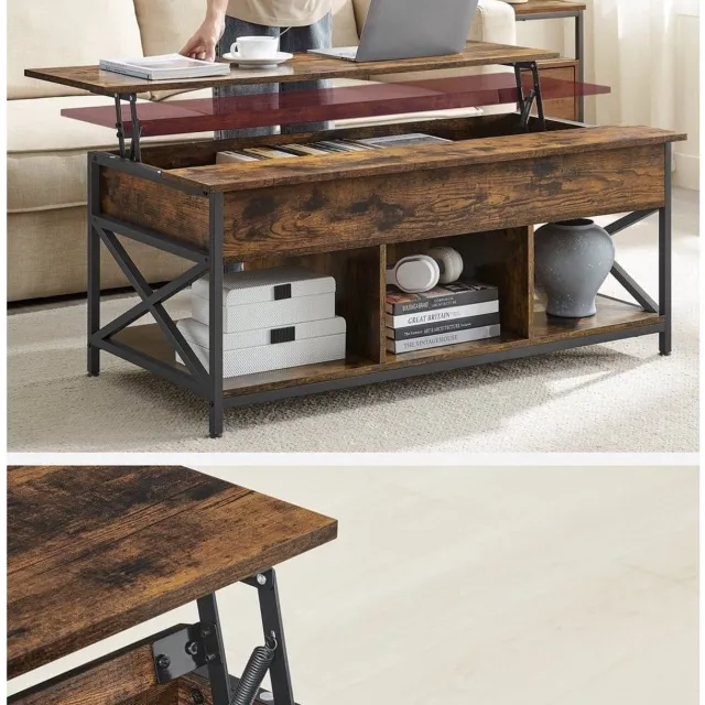 Klarven Salontafel Vintagebruin-Zwart - Salontafel met Opbergruimte - Salontafel - Verstelbaar Blad - Industrieel Design, Waterafstotend Oppervlak Rustic Bruin