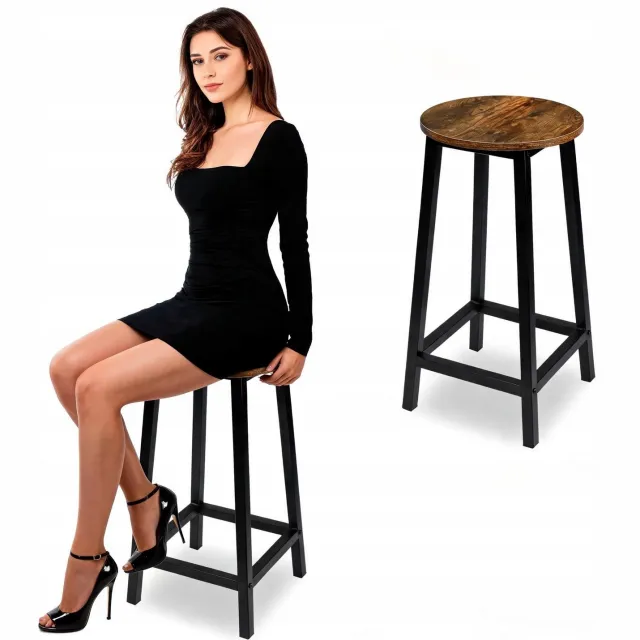springos Stoere Hoker Zwart Metaal met Eikenlook Zitting - 65cm Hoog Black