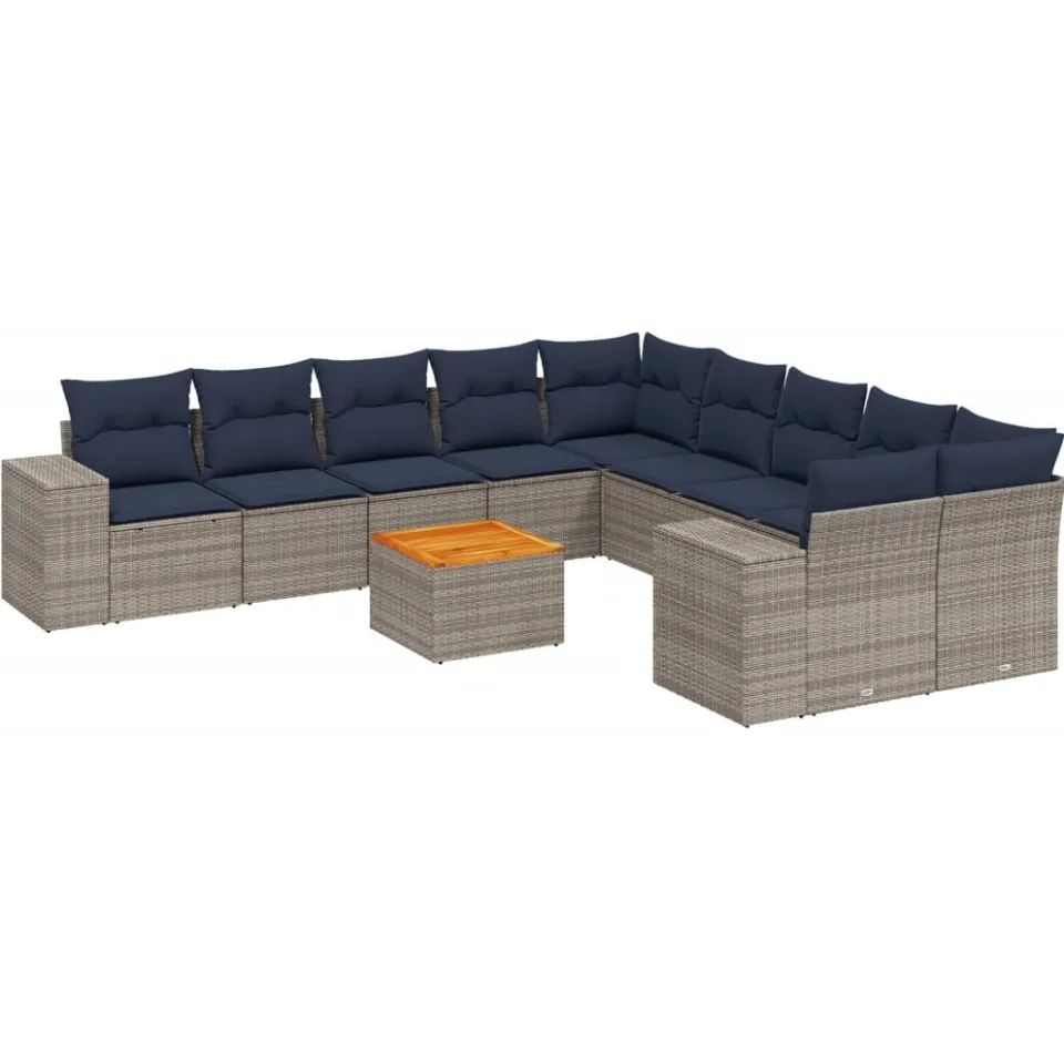 vidaXL 11-delige tuinbankset met kussens, grijs polyrotan