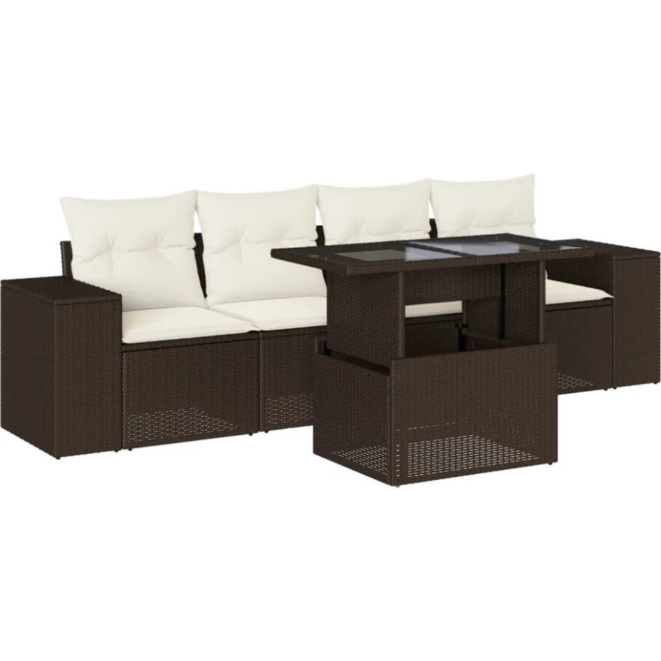 vidaXL 5-delige Loungeset met kussens poly rattan bruin, foto 3