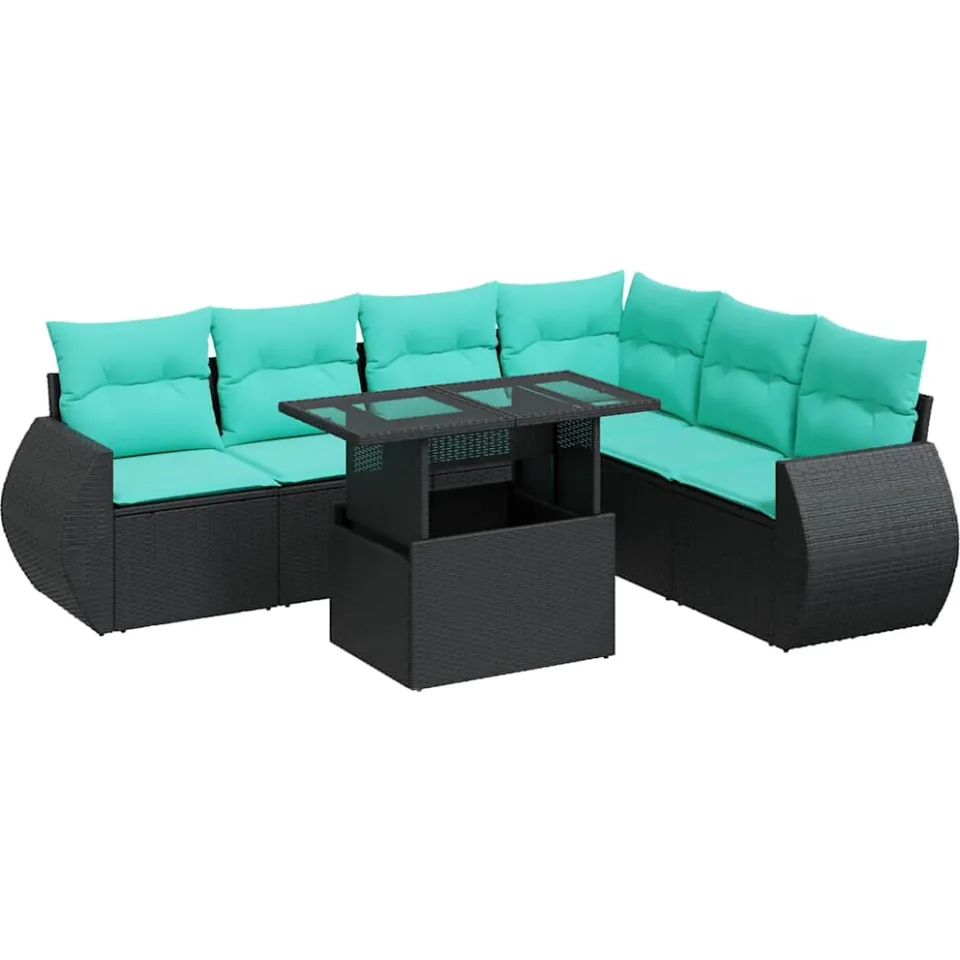 vidaXL 7-delige Loungeset met kussens poly rattan acacia zwart, foto 3