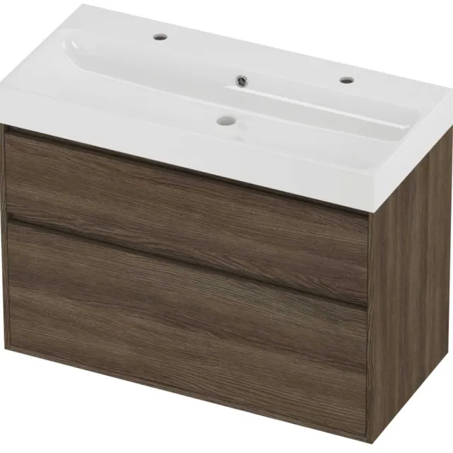 Proline Podium Badmeubelset Polystone Loft 2 Kraangaten Greeploos 100x46x75 cm Glans Wit Vital Oak Eiken
