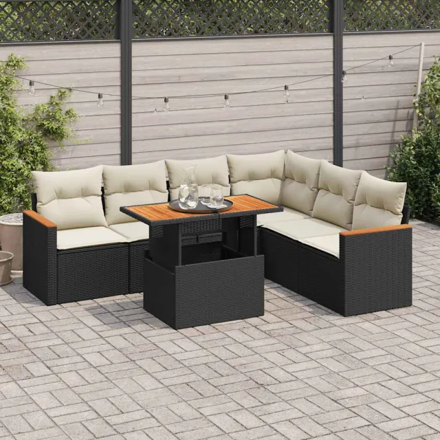 vidaXL 7-delige Loungeset met kussens poly rattan acacia zwart, foto 2