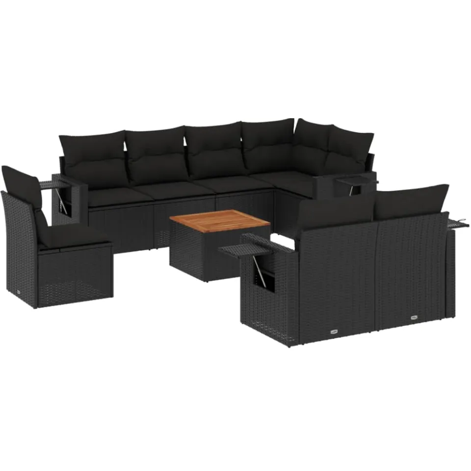 vidaXL 9-delige Loungeset met kussens poly rattan zwart, foto 3