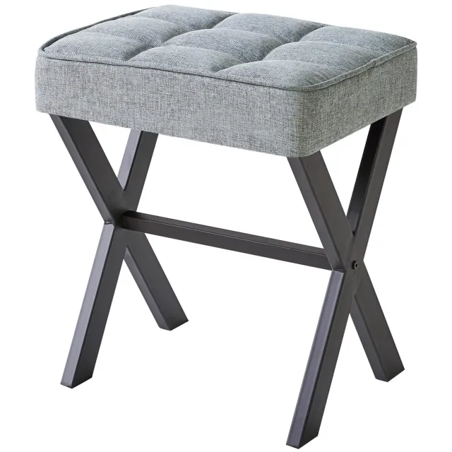 Famanu Vierkante make-upkruk met X-poot voetsteun, linnen bekleding, multifunctionele ottomaanse stoel in blauwgrijs, ideaal voor slaapkamer en woonkamer