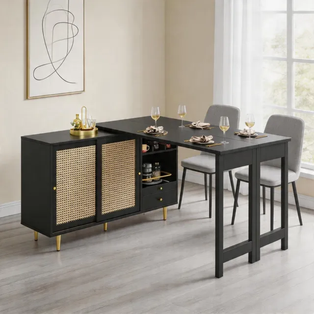 KOMHTOM 360° draaibare statafel - Uitschuifbaar - Opbergkast met rotan deur - Open opbergplank - Geschikt voor keuken en eetkamer - Hoofdgedeelte: 107x40x71,4 cm - Zwart