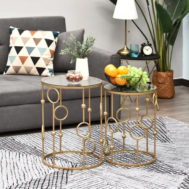 OKWISH Salontafelset - 2 Stuks - Ronde Glasplaten - Nestbaar - Voor Woonkamer, Slaapkamer En Kantoor - Metaal Goud - 41 x 57 cm Gold