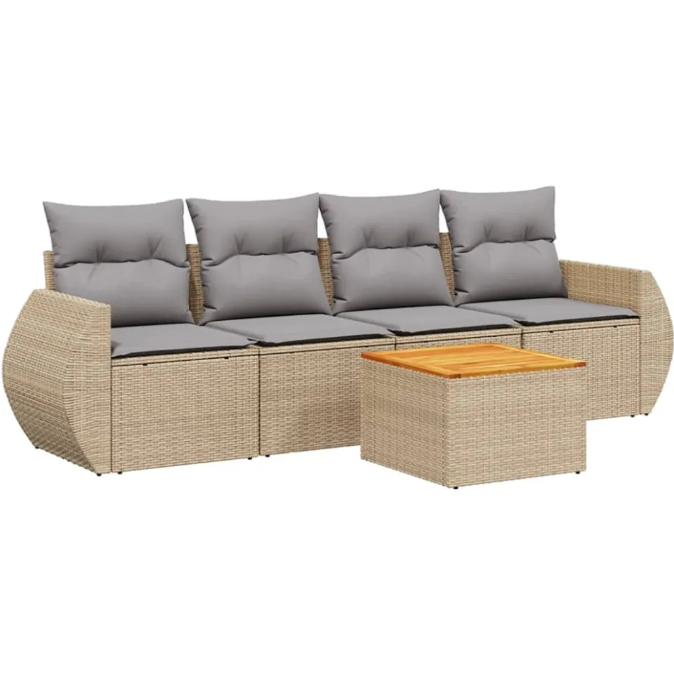 vidaXL 5-delige Loungeset met kussens poly rattan beige, foto 3