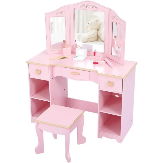 HOERFURIY Houten Kinderkaptafel met 3-Delige Spiegel & Krukje - Make-up Tafel 3-9 Jaar met 3 Lades - Roze