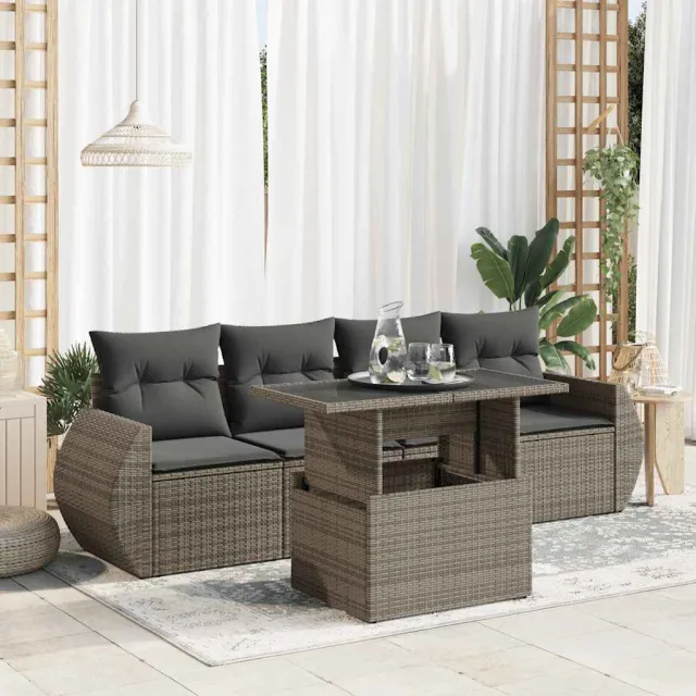 vidaXL 5-delige Loungeset met kussens poly rattan grijs, foto 2
