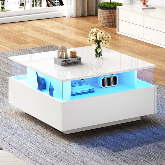 CHICFURN Salontafel - LED-verlichting - 2 lades - Wit