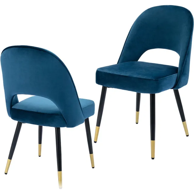 chairus Eetkamerstoel Set van 2 stoelen - Blauw - Velvet - Met Metalen Poten - Holle rug - Armloze stoelen - Gewatteerde zitting - Voor de Woonkamer en Keuken