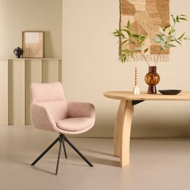 Woonexpress Draaibare Eetkamerstoel Oland - Textiel / Metaal - Beige / Zwart - 62x88x64 cm (BxHxD) - 360° - ARS Beige/Creme