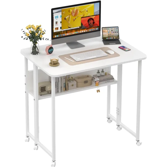 PIPIPOXER Bureau - Opklapbaar bureau - Werktafel in Rustieke Houtlook - computerbureau op wielen - opklapbare tafels voor thuiskantoor, slaapkamer, woonkamer - met opbergvak - 80 x 58 x 75 cm-Wit