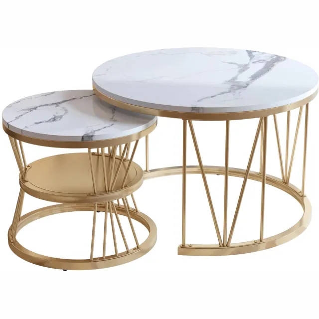 Happiq Salontafel Set 2 - Koffiebruin - Delig, Ronde Bijzettafels - Modern, Rond Design met Opbergruimte White