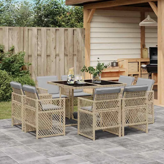 vidaXL 9-delige Tuinset met kussens poly rattan gemengd beige, foto 2