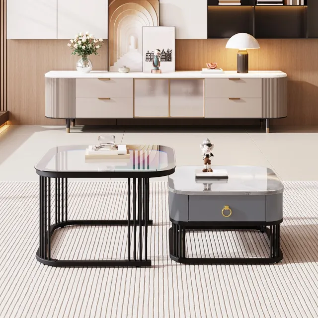 DESMIU Tafelset – Inschuifbaar Ontwerp Met Marmerlook En Lades – Voor Woonkamer En Lounge – MDF – Zwart – 60x60x44,5 Cm En 50x50x34,5 Cm Zwart en Grijs