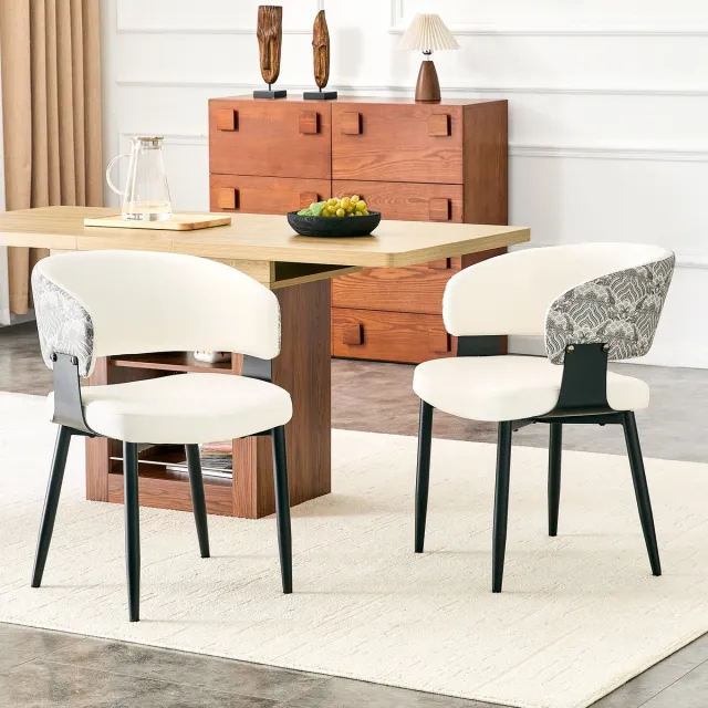 Clruro Eetkamerstoel - 2-delige set - mid-century stoel met armleuning - eetkamer restaurant - PU leer + hout - PU leer Wit+Zwart
