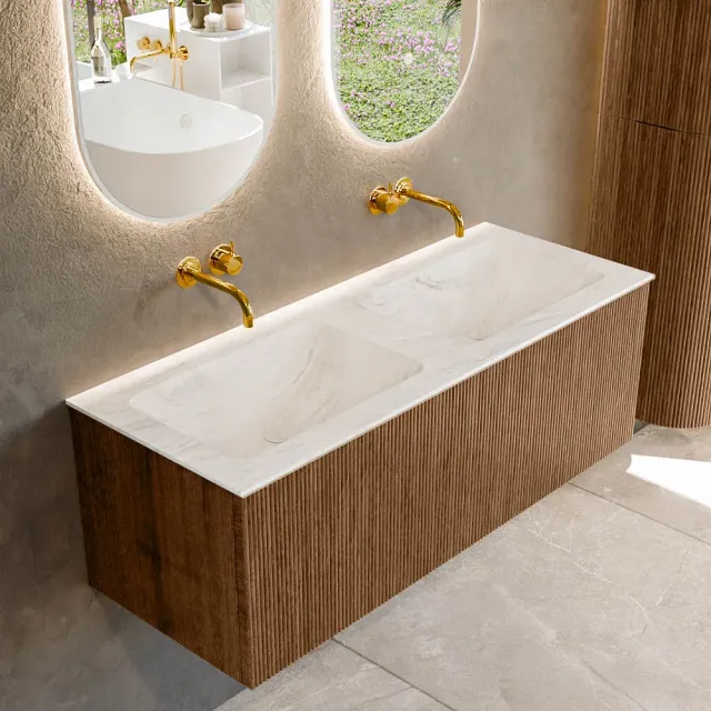 Mondiaz KURVE-DLUX 120 cm Onderkast Greeploos 1 Lade Zonder Deuren Walnut, Wastafel Solid Surface Dubbel Ostra 0 Kraangaten Zonder Spiegel (KRVLEA1201L0D0KD-Wal/Ost)