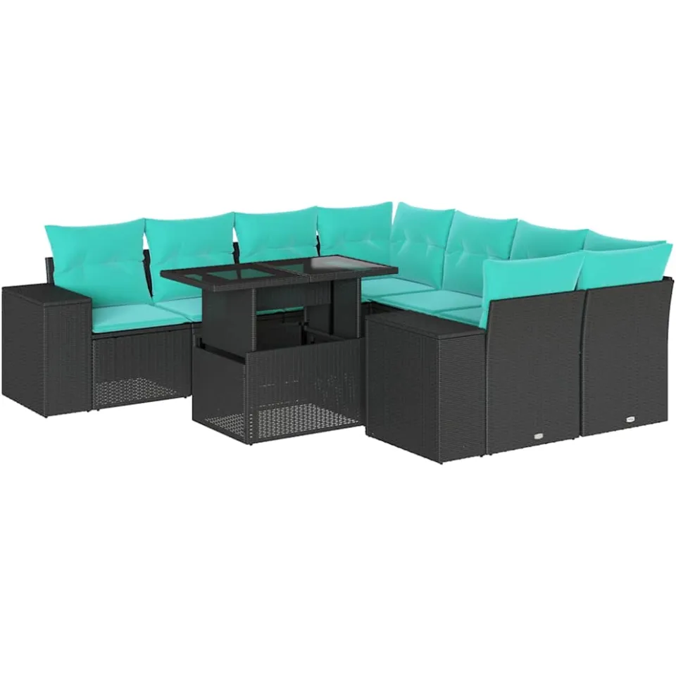 vidaXL 9-delige tuinbankset met kussens van zwart polyrotan, foto 3
