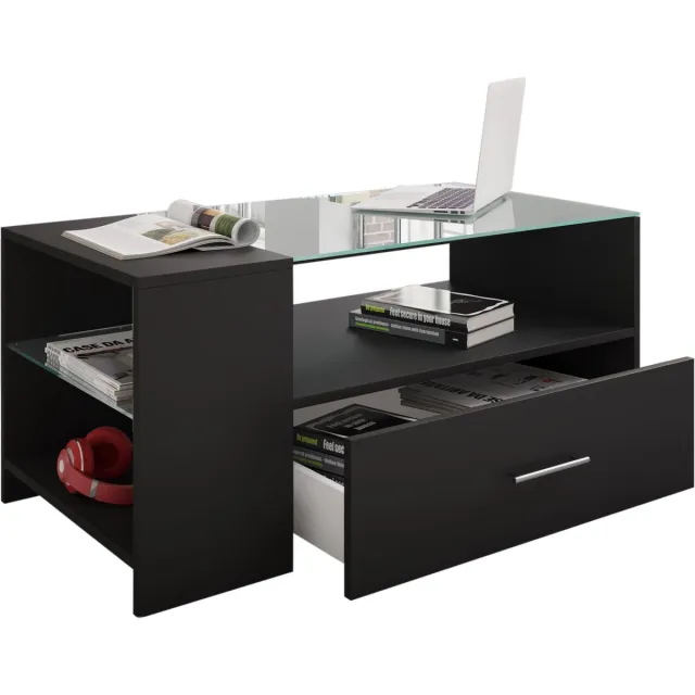 Vcm Tindala salontafel met glazen blad, 1 lade, 3 plankenzwart.