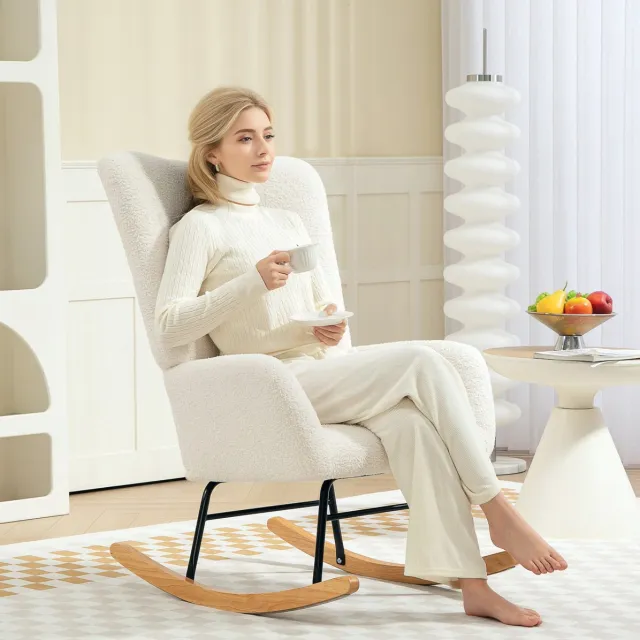 MEUNIQ Schommelstoel met armleuningen en teddystof, relaxfauteuil met houten schommelbasis en metalen frame, 70 x 94 x 100 cm, crèmewit