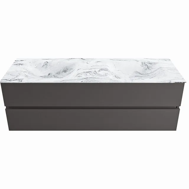 Mondiaz VICA-DLUX 150cm badmeubel onderkast Dark grey 2 lades. Inbouw wastafel CLOUD dubbel 2 kraangaten, kleur Glace.
