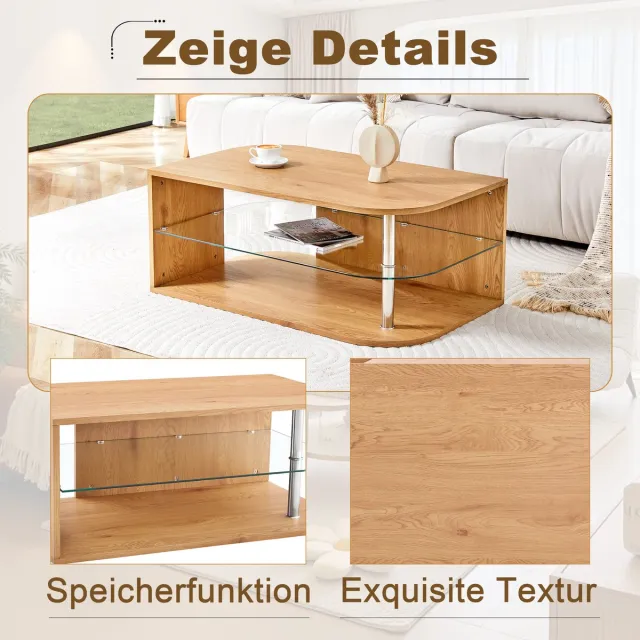 COVREO Salontafel 100x60x42 cm naturel, MDF en glas met opbergruimte Natural Wood